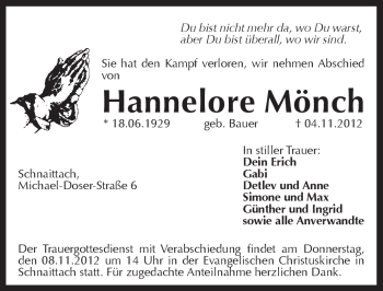 Traueranzeige von Hannelore Mönch von Pegnitz-Zeitung
